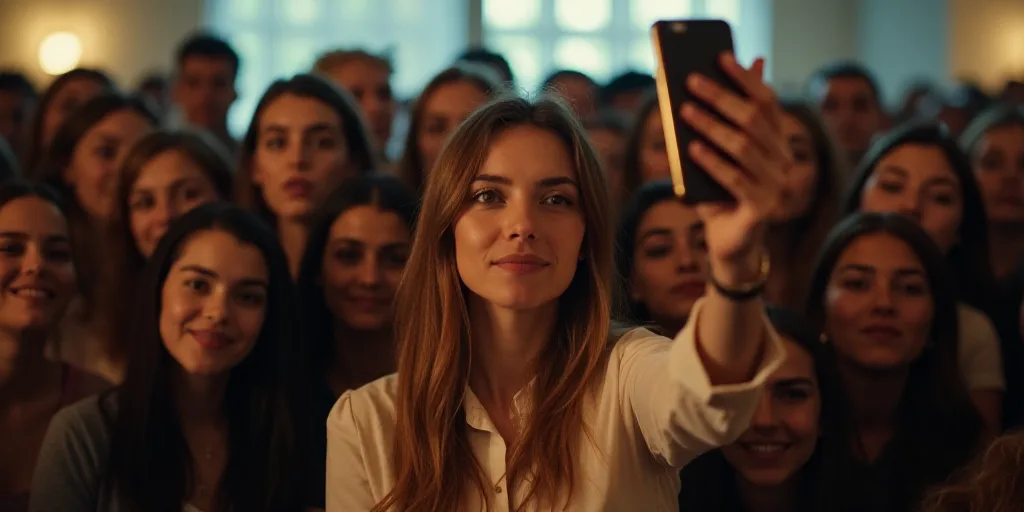 a group of people standing around each other taking a picture with a cell phone camera in a room wit
