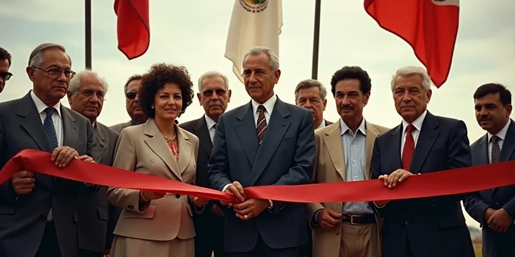 a group of people standing behind a ribbon cutting a ribbon at a ceremony with flags behind them and