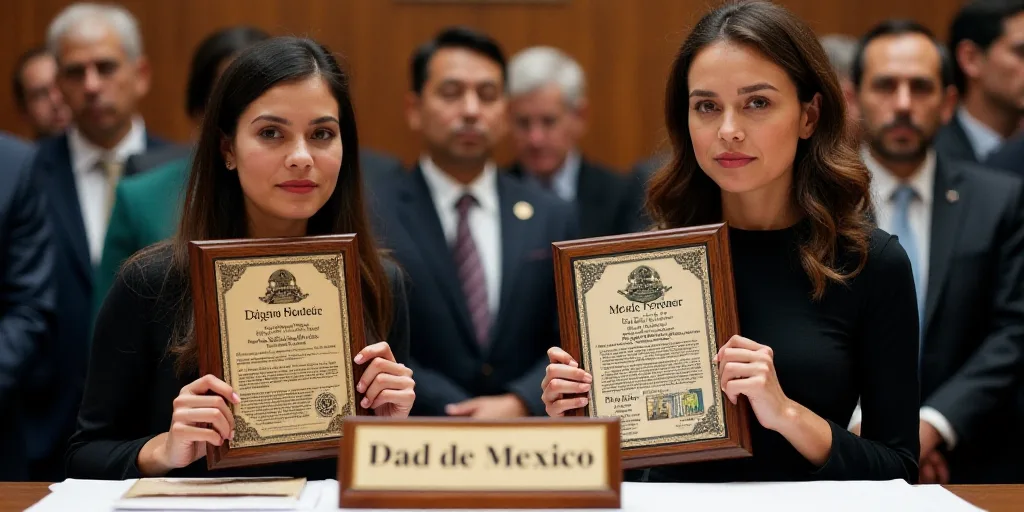 a group of people standing behind a table with a plaque on it that says dad de mexico and two women