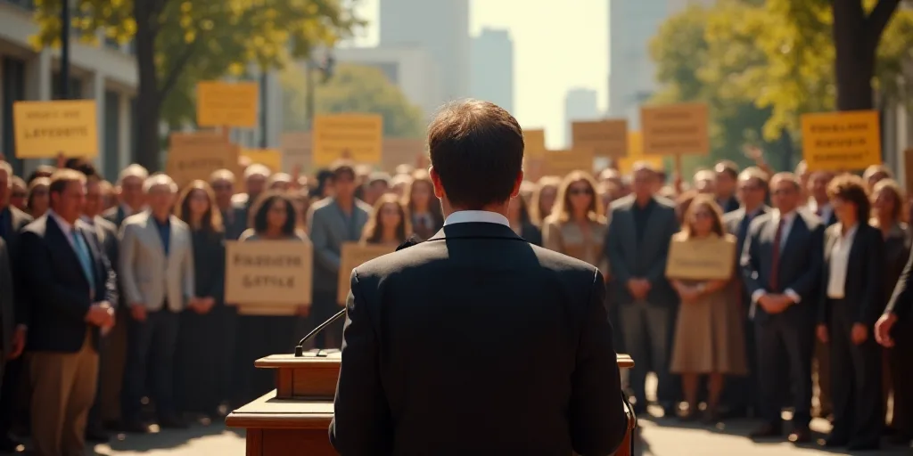 a group of people standing behind a podium with signs on it and a man standing behind a podium with
