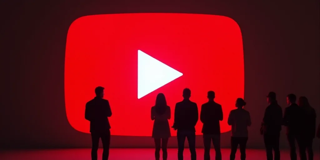 a group of people standing in front of a red play button logo with a white arrow on it's side, Ahmed