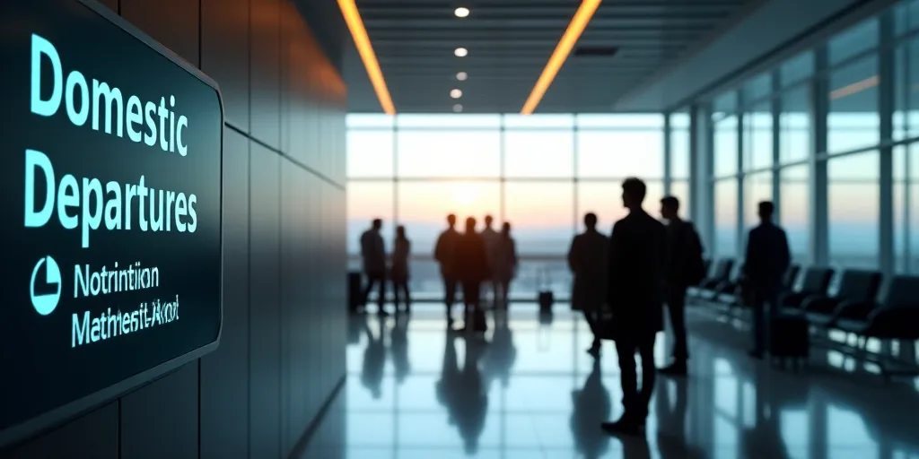 a group of people standing in a lobby next to a sign that says domestic departures on it's side, Amb
