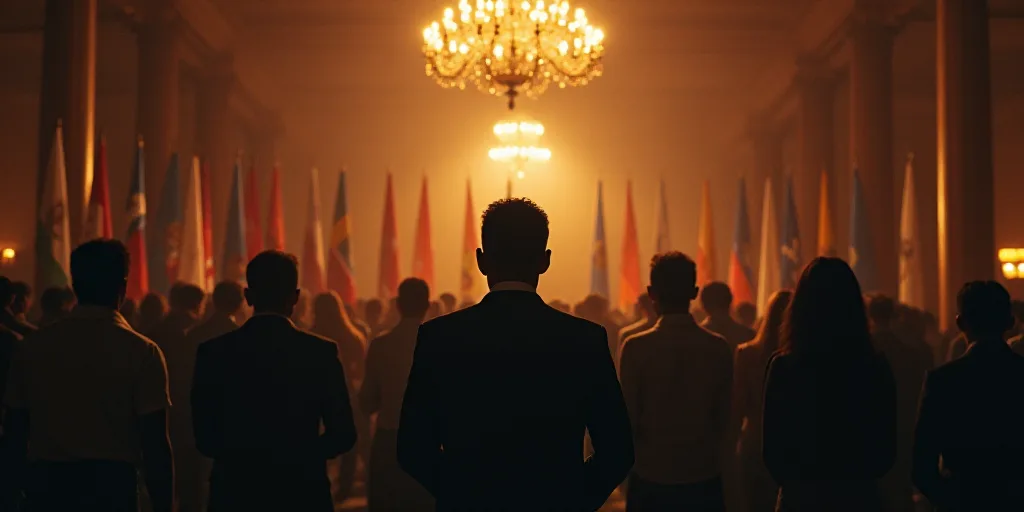a group of people standing in a room with flags and a chandelier in the background and a chandelier