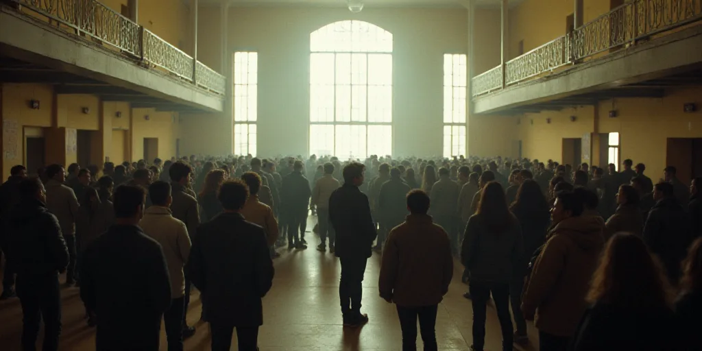 a group of people standing in a building with a large group of people standing in the middle of the