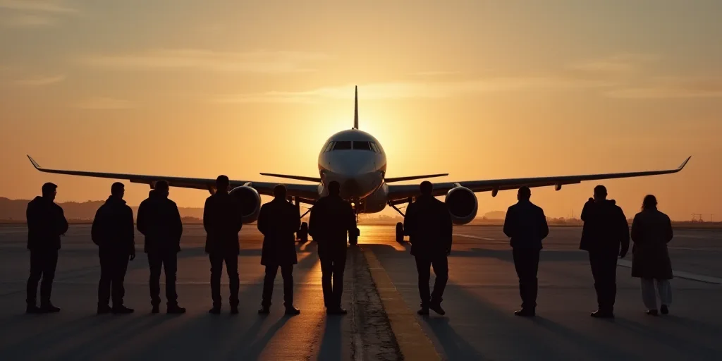 a group of people standing in front of a plane on a runway at dusk or dawn or dawn, with a plane in