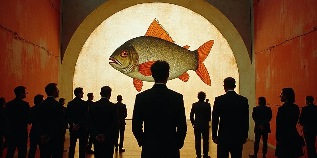 a group of people standing in front of a painting of a fish in a tunnel with a man in a suit, David