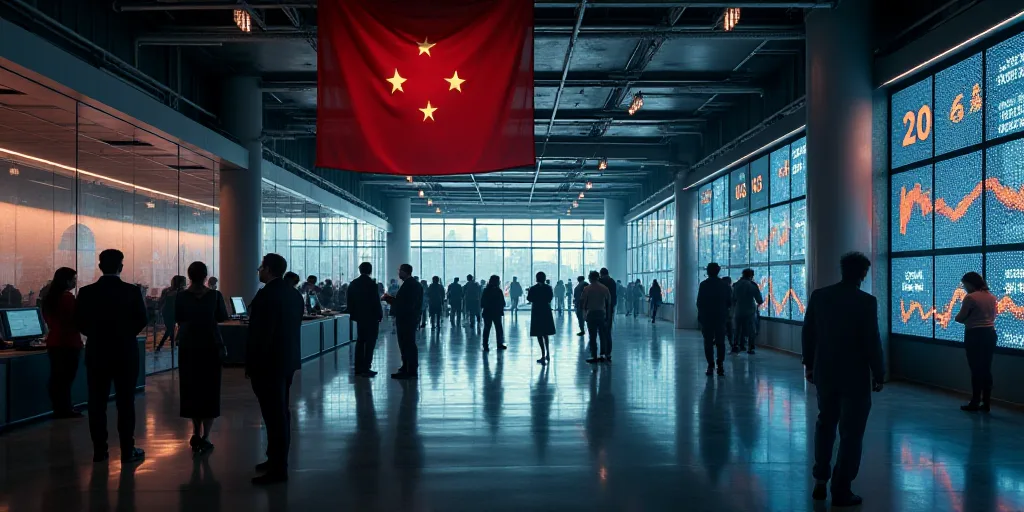 a group of people standing in a lobby next to a wall of stock information and a flag hanging from th