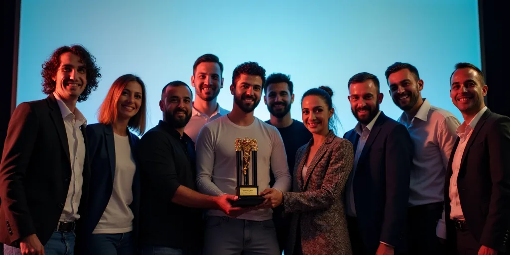 a group of people standing in front of a large screen holding a trophy in their hands and smiling at