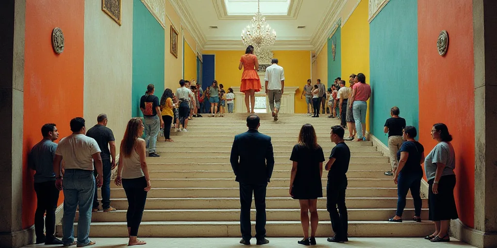 a group of people standing in front of a mural of a man and woman on a staircase with a man in a sui
