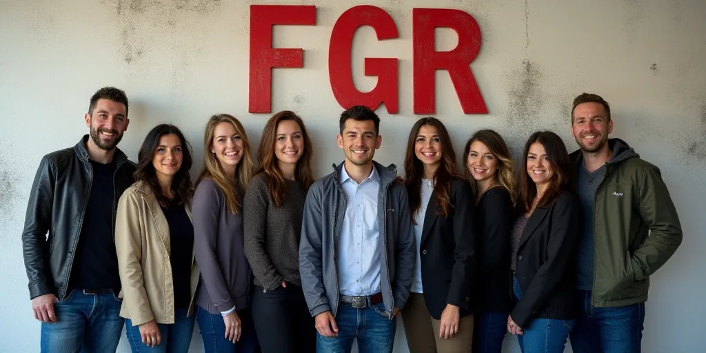a group of people standing in front of a wall with a sign behind them that says fgr,, Araceli Gilber