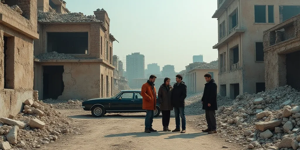 a group of people standing in a destroyed building with a car in the background and a building with