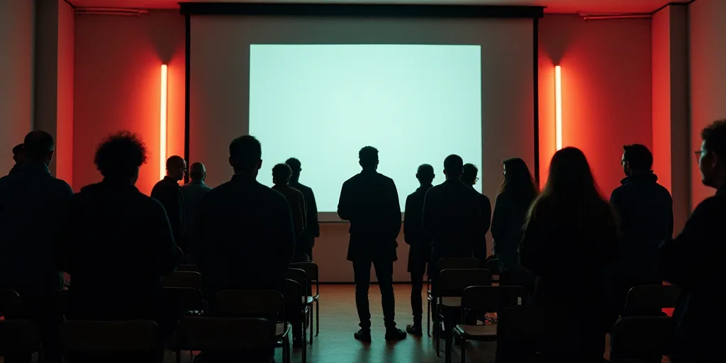 a group of people standing in front of a screen in a room with chairs and a projector screen, Aracel