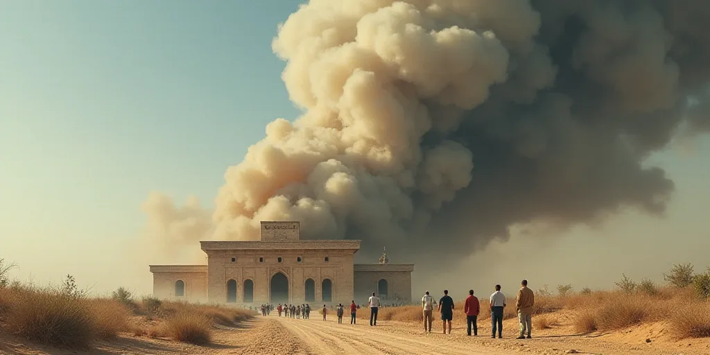 a group of people standing in front of a building with a large plume of smoke coming out of it, Bouc