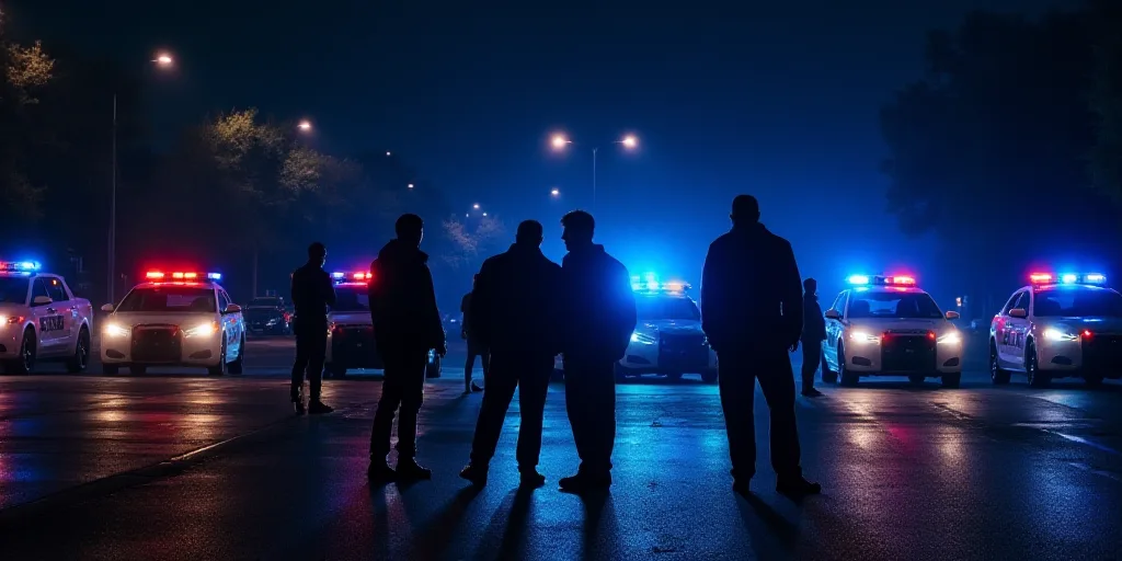 a group of people standing in front of a line of police cars in a parking lot at night time, Dong Ki