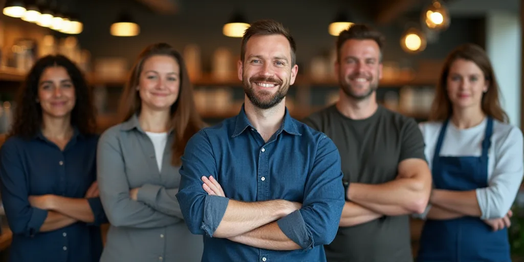 a group of people standing in a store with arms crossed and smiling at the camera, with a man in the