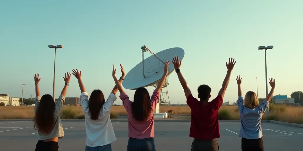 a group of people standing in front of a satellite dish in a parking lot with their hands up in the