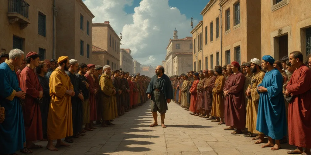 a group of people standing in a line on a street with a crowd of people behind them and a man in a b