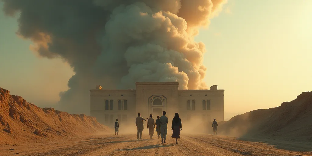 a group of people standing in front of a building with a large plume of smoke coming out of it, Bouc