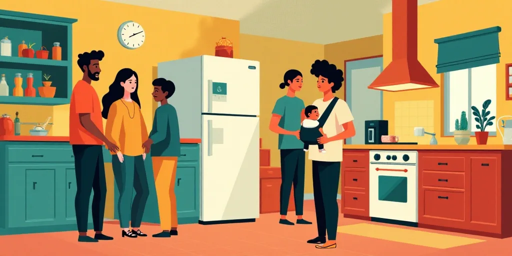 a group of people standing in a kitchen next to each other and a woman holding a baby in a sling, Ch
