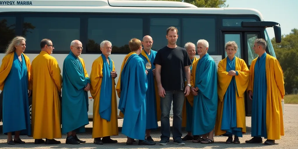 a group of people standing in front of a bus with blue and yellow robes on them and a man in a black