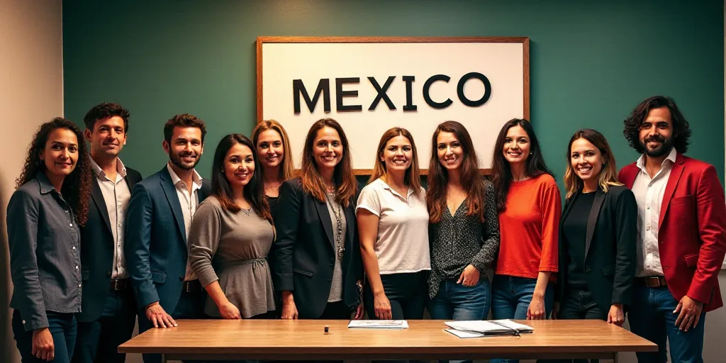 a group of people standing in front of a table with a sign behind them that says mexico de invension