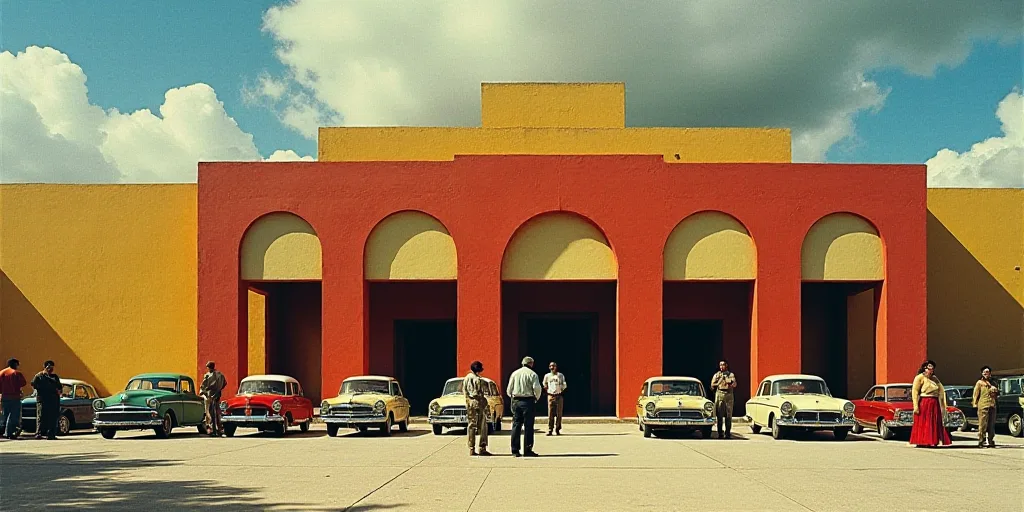 a group of people standing in front of a building with cars parked in front of it and people walking