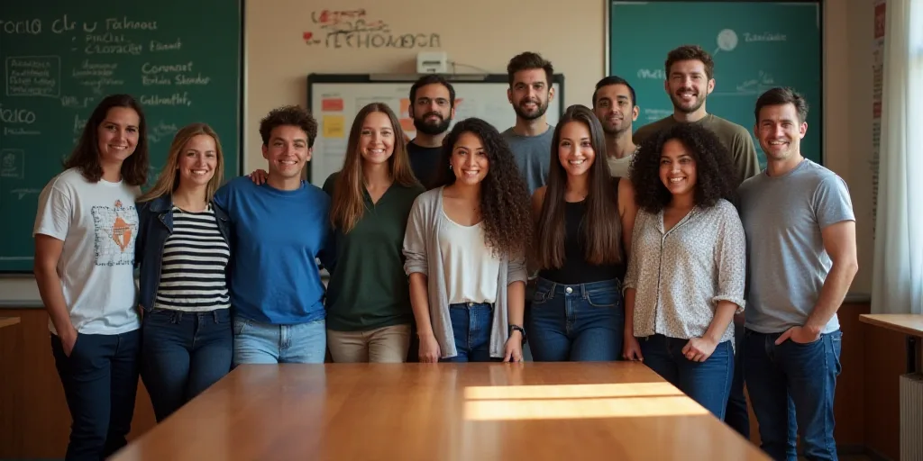 a group of people standing in front of a wooden table in a room with a sign that says ciencia y tech