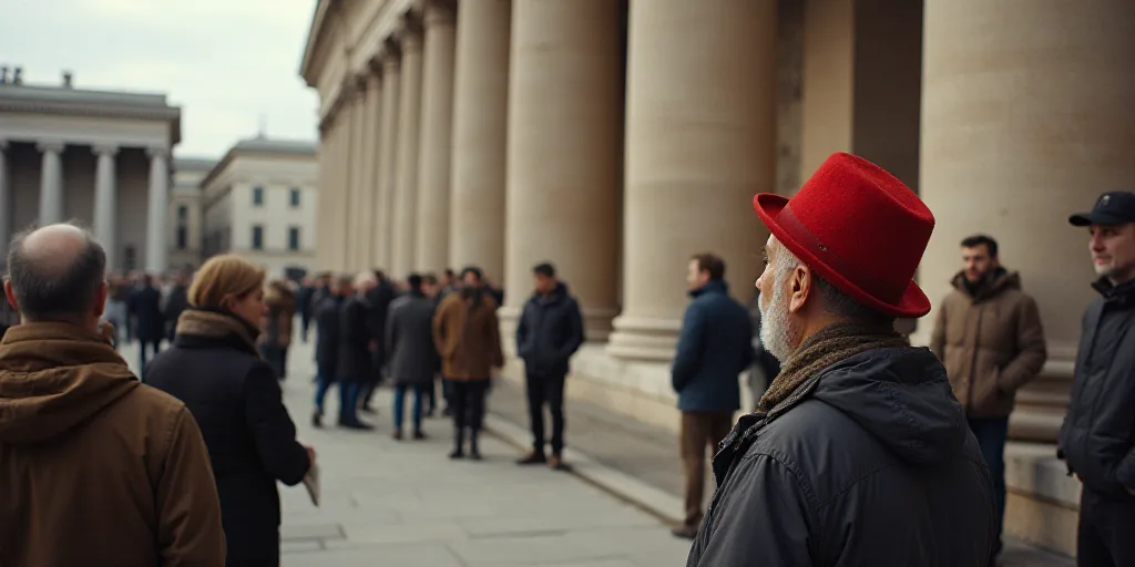 a group of people standing in a line next to a building with columns and a person in a red hat, Dion