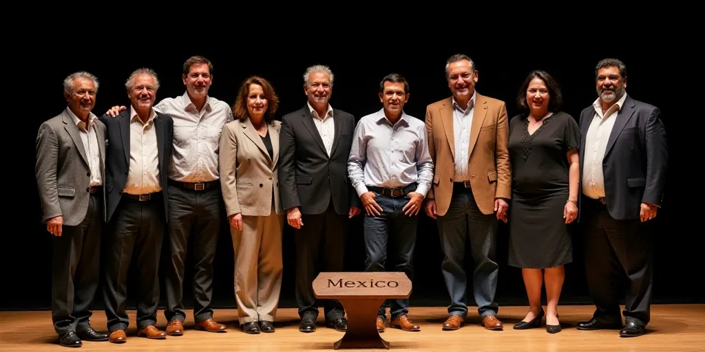 a group of people standing next to each other on a stage with a plaque in front of them that reads m