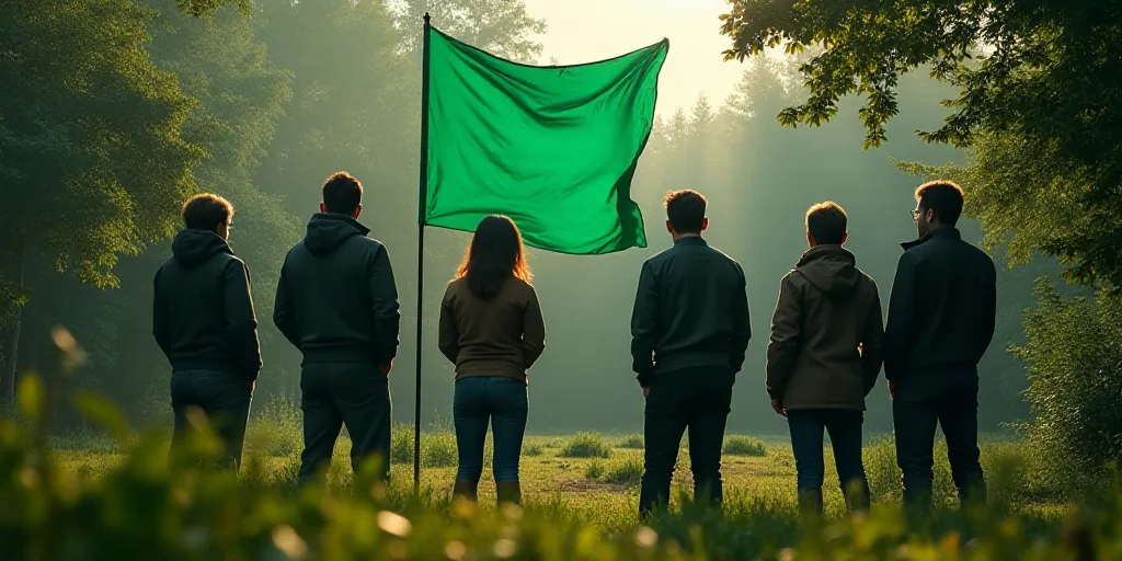 a group of people standing next to each other in a garden area with a green flag in the background,
