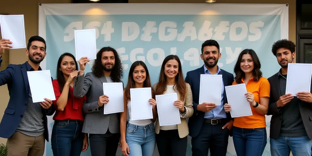 a group of people standing next to each other holding up papers and folders in front of a banner, Ca