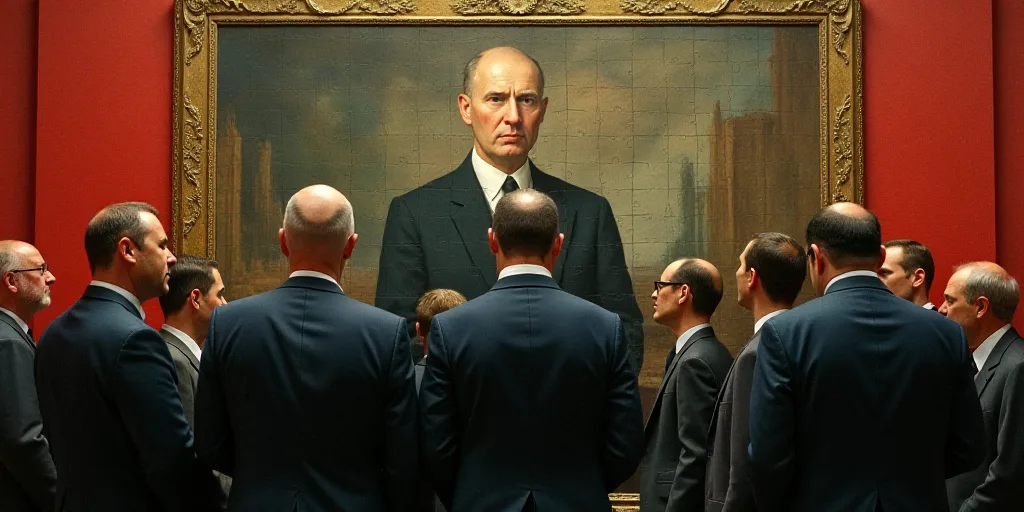 a group of people standing next to each other in front of a painting of a man in a suit, Boris Vladi