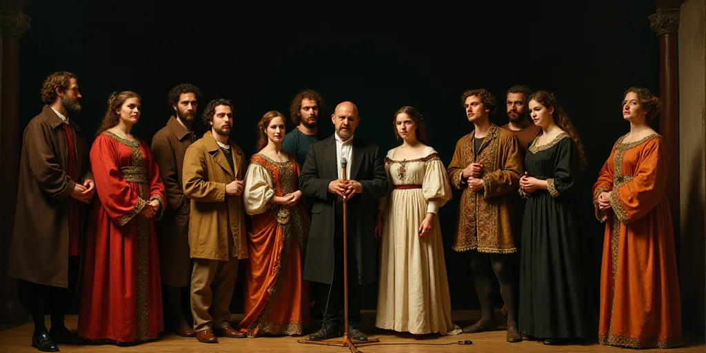 a group of people standing next to each other on a stage with a microphone in front of them and a ma