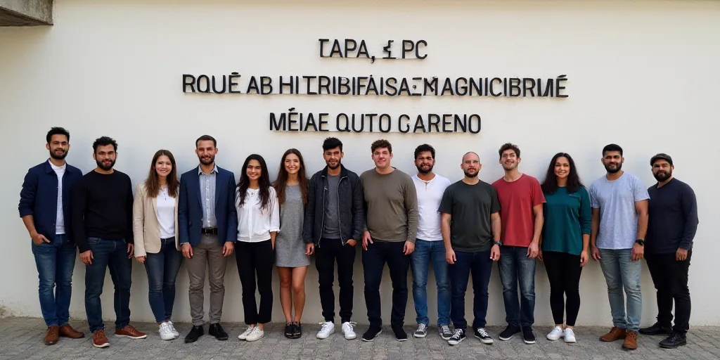 a group of people standing next to each other in front of a wall with a sign on it that says the int