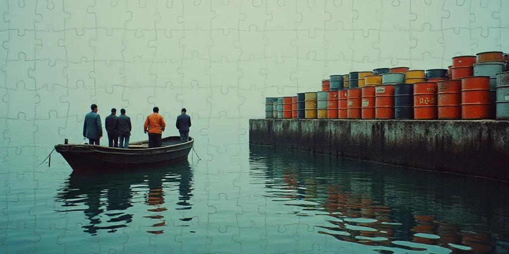 a group of people standing on a boat in the water near a dock with a bunch of barrels on it, Dahlov
