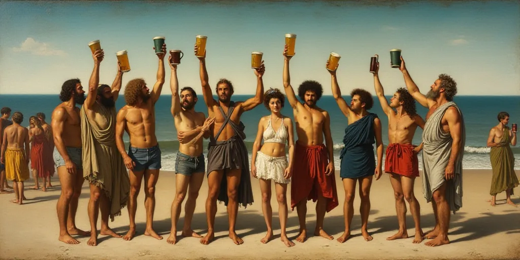 a group of people standing on top of a beach holding up cups and bottles in the air with people in t