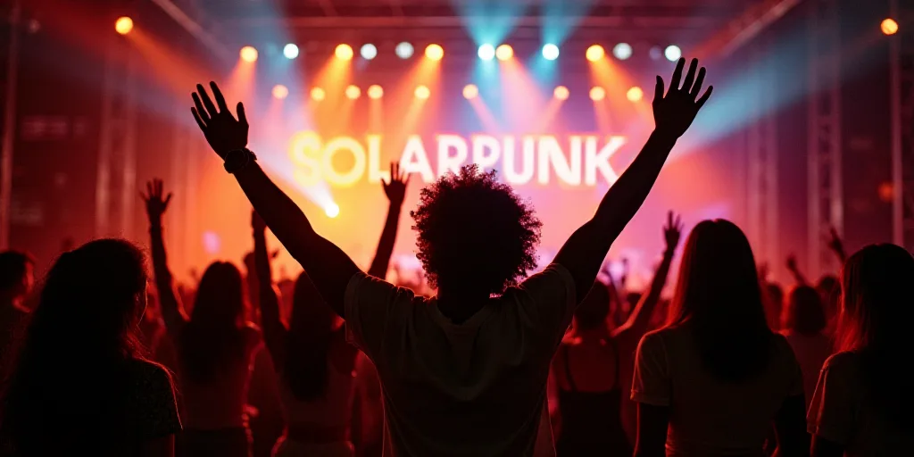 a group of people standing on a stage with their hands up in the air and a sign behind them, Aníbal