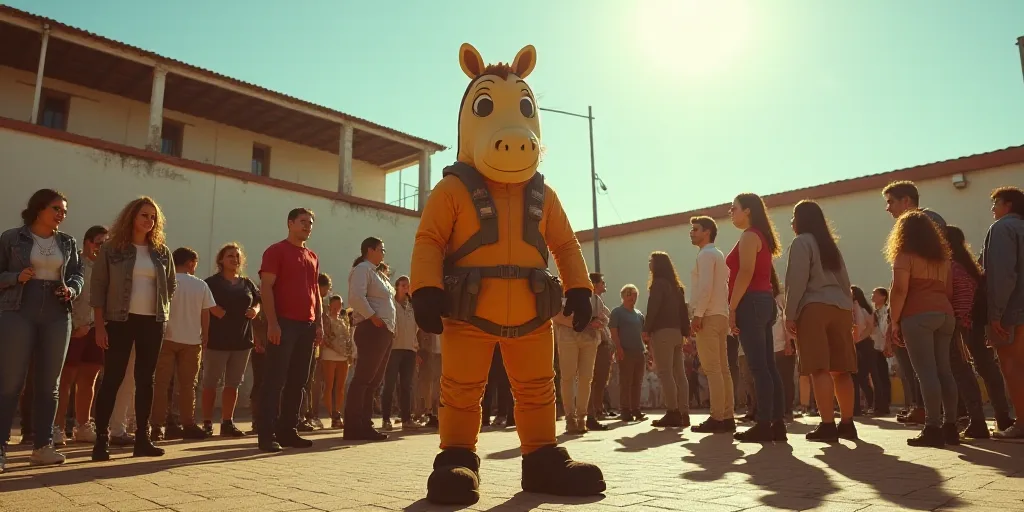 a group of people standing on a stage with a horse mascot in front of them and a building in the bac