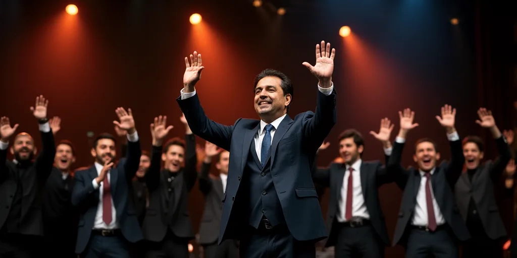 a group of people standing on a stage with their arms in the air and a man in a suit and tie, Estuar