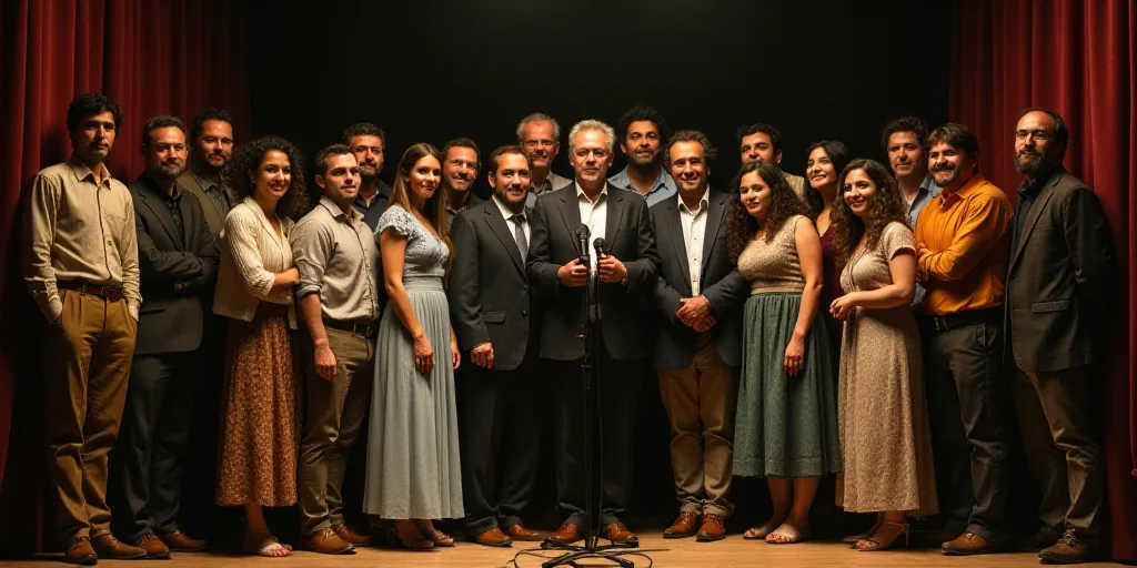 a group of people standing on a stage posing for a picture with a microphone in front of them and a