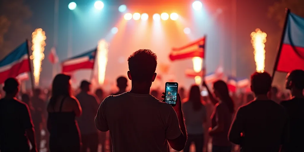 a group of people standing on a stage holding flags and flags in their hands and a man holding a cel