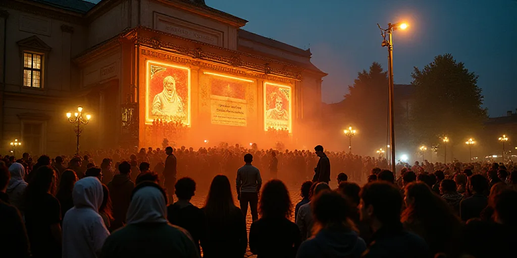 a group of people standing on a stage in front of a building with banners and lights on it and a lam