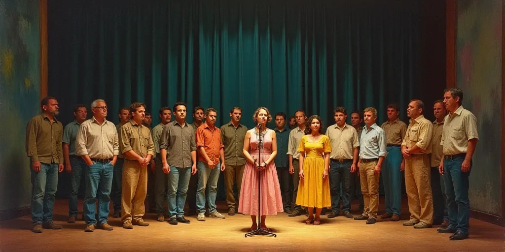 a group of people standing on a stage with a microphone in front of them and a curtain behind them,
