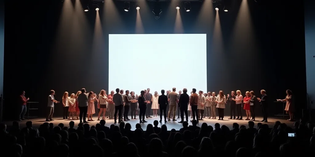 a group of people standing on a stage with a large screen behind them and a group of people standing