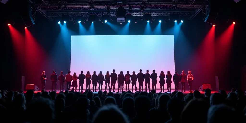 a group of people standing on a stage with a large screen behind them and a group of people standing