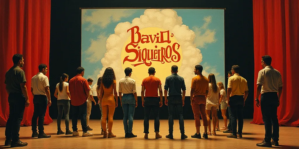 a group of people standing on a stage with a screen behind them and a painting behind them that says