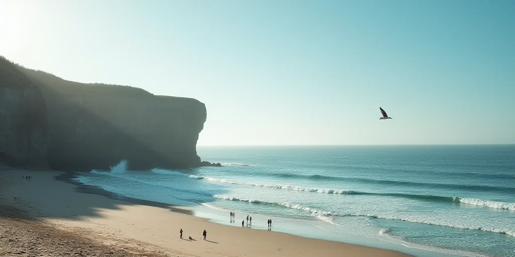 a group of people standing on top of a beach next to the ocean with a bird flying over the top of a