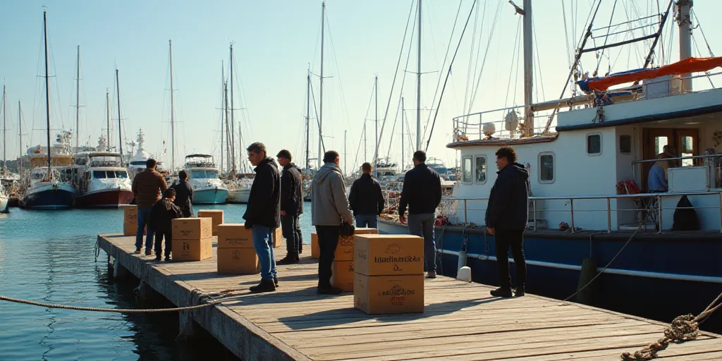 a group of people standing on a boat dock with boxes on it and a sign in the background that says ma