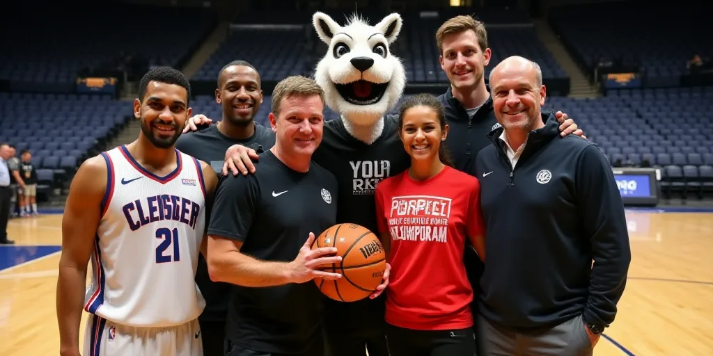 a group of people standing on a basketball court holding a basketball and a mascot in the background
