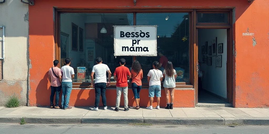 a group of people standing outside of a store window with a sign on it that says bessos pr mama, Emm
